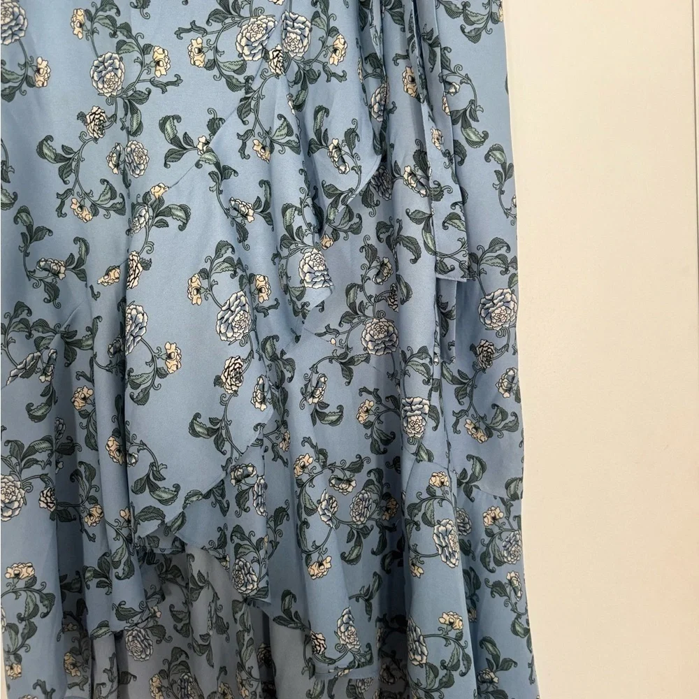 Blue Floral Faux Wrap Midi Skirt